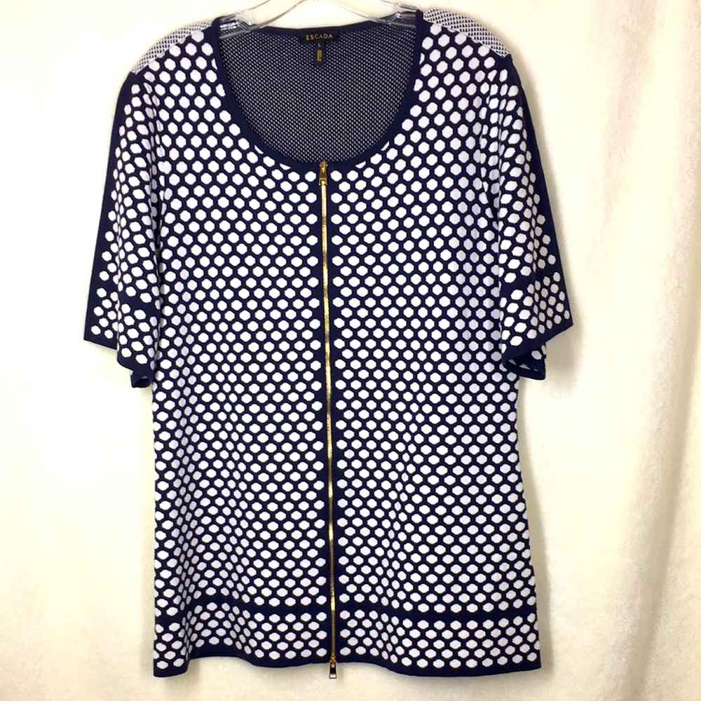New Escada Top Sweater L Knit  XL Navy Polkadot